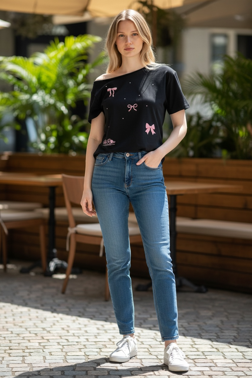 Black shirt with bow designs and small rhinestones