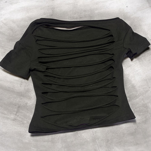 Black shirt with bow designs and small rhinestones
